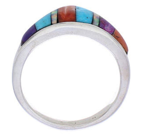 Southwest Sterling Silver Multicolor Inlay Ring Size 6-3/4 UX36220